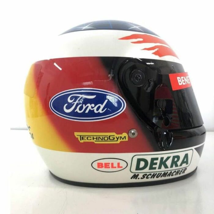 Helmet with autographs of riders Michael Schumacher and Willy Weber, white marble